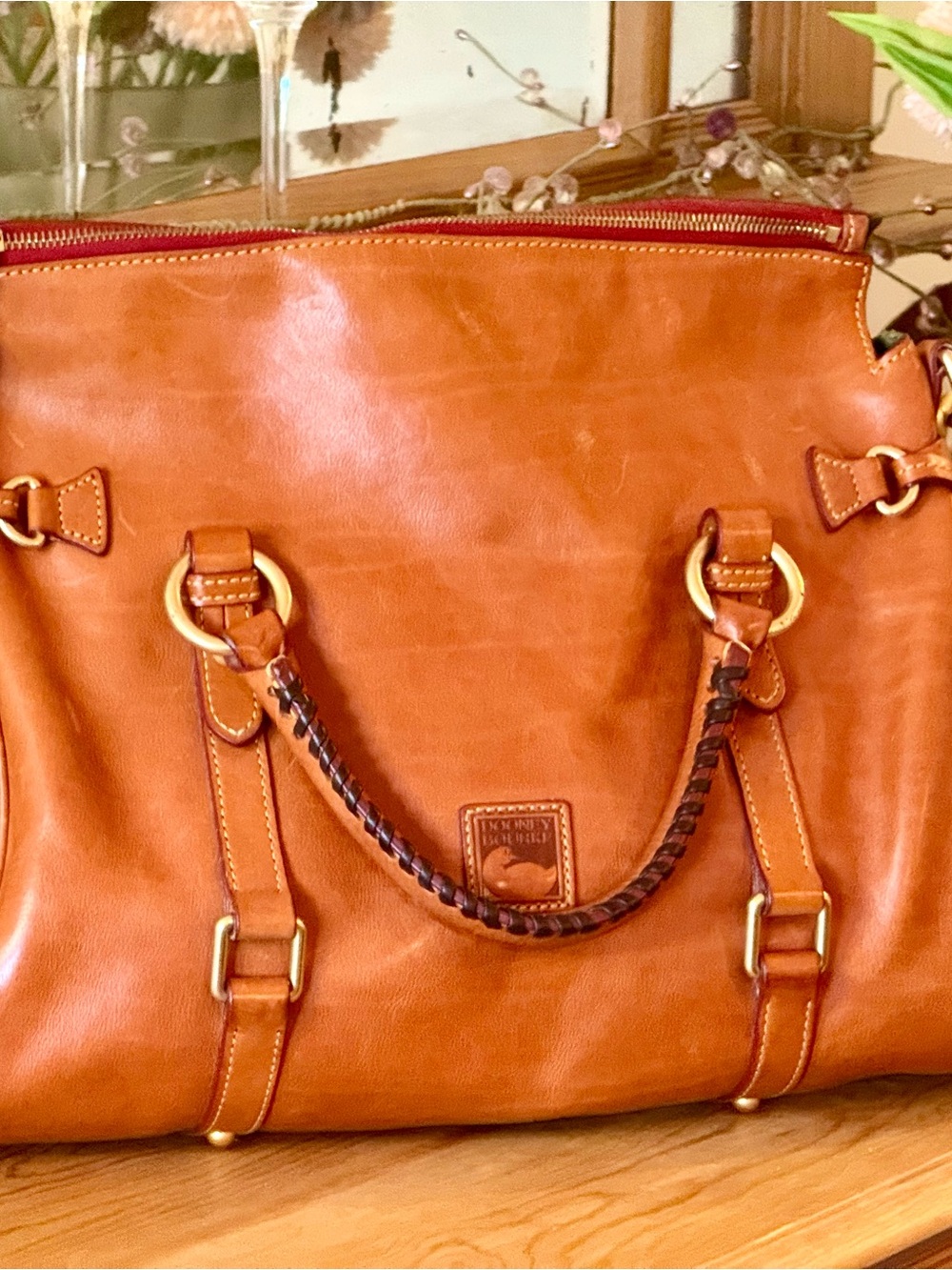 Dooney & Bourke Large Florentine Chestnut Leather Satchel with Braided Handle